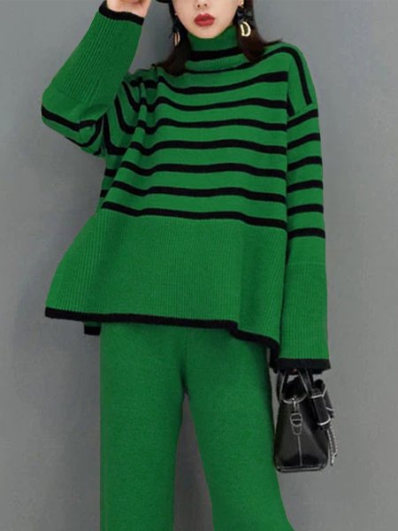 Turtleneck Casual Striped Long Sleeve Sweater, Green, Pullovers