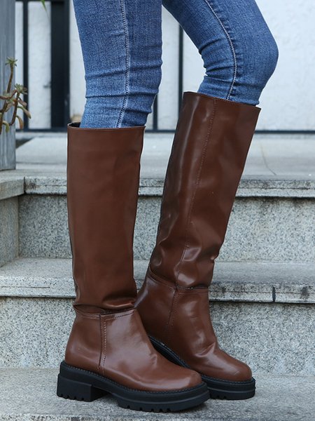 

Solid Color Leather Straight Boots, Brown, Boots