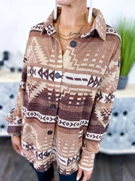 

Ethnic Regular Fit Shirt Collar Jacket, Coffee, Outerwear