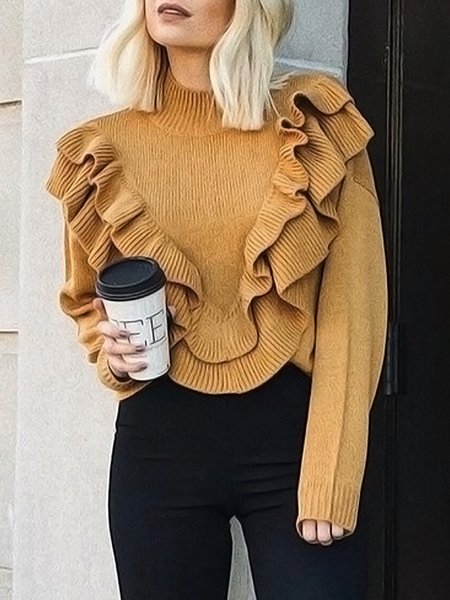

Half Turtleneck Long sleeve Plain Sweater, Yellow, Pullovers