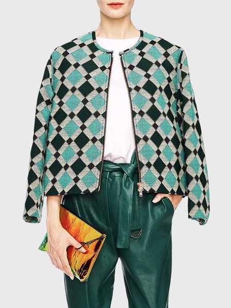 

Crew Neck Geometric Long Sleeve Jacket, Green, Jackets