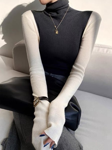 

Color Block Regular Fit Turtleneck Sweater, Black-white, Pullovers