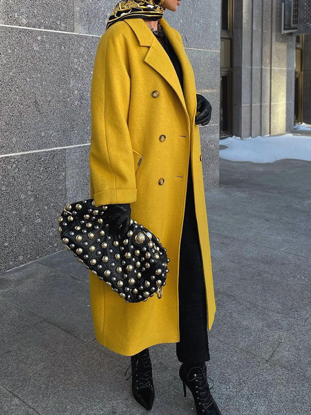 

Lapel Collar Long sleeve Urban Loose Long Overcoat, Yellow, Coats