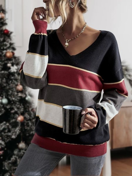 Christmas Loose V Neck Casual Sweater, Multicolor, Sweaters