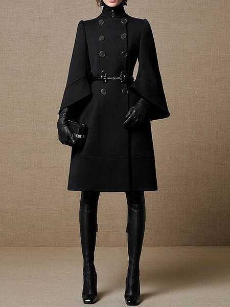 

Loose Stand Collar Long sleeve Plain Mid-long Overcoat, Black, Coats