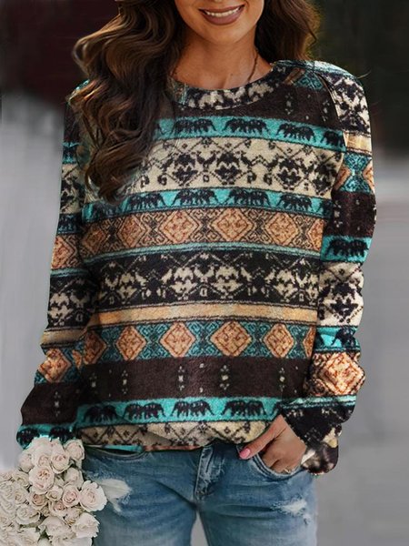 

Ethnic Floral Round Neck Plush Warm Sweatshirt, Multicolor, Sweatshirts & Hoodies