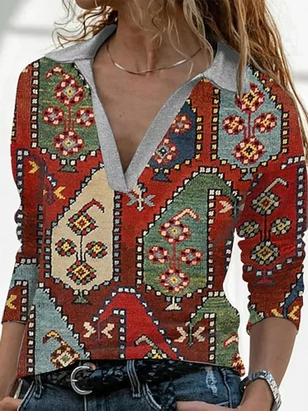 

V Neck Ethnic Casual T-Shirt, Multicolor, T-Shirts