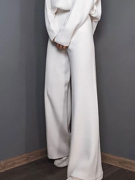 

High Elasticity Plain Loose Casual Long Pants, Off white, Pants