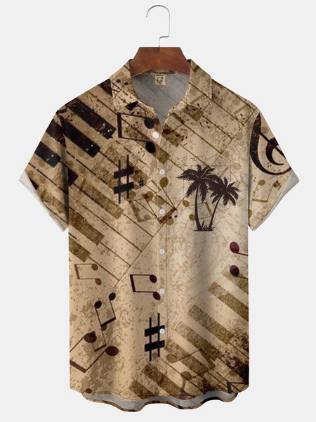 

Mens Vintage Music Notes Print Front Buttons Soft Breathable Lapel Chest Pocket Casual Hawaiian Shirt, Khaki, Short Sleeve Shirts