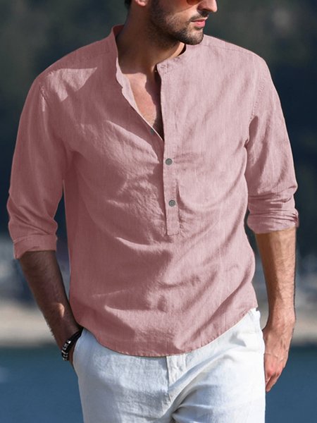 

Men's Cotton Linen Plain Color Casual Long Sleeve Shirt, As picture, Long Sleeve Shirts