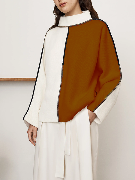 

Loose Stand Collar Long sleeve Urban Color Block Sweater, As picture, Pullovers