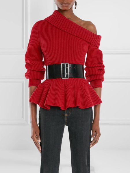 

Long sleeve Urban Cold Shoulder Plain Sweater, Red, Pullovers