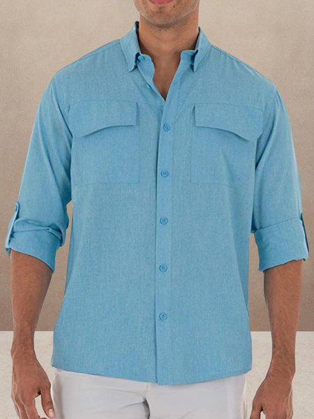 

Men's Cotton Linen Plain Color Casual Long Sleeve Shirt, Blue, Long Sleeve Shirts