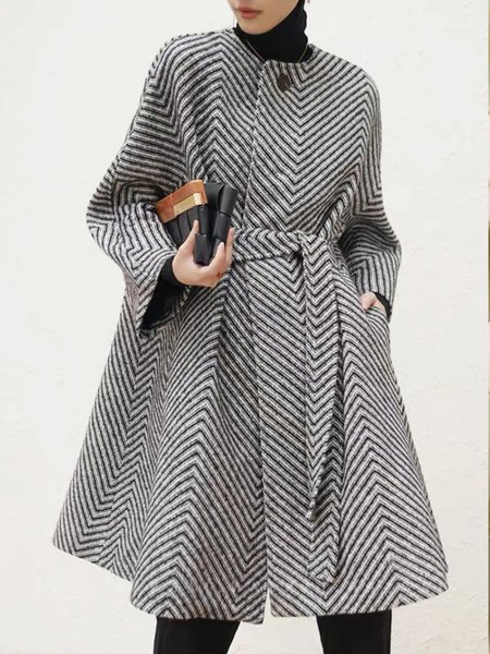 

Crew Neck Loose Striped Long Sleeve Overcoat, Gray, Coats
