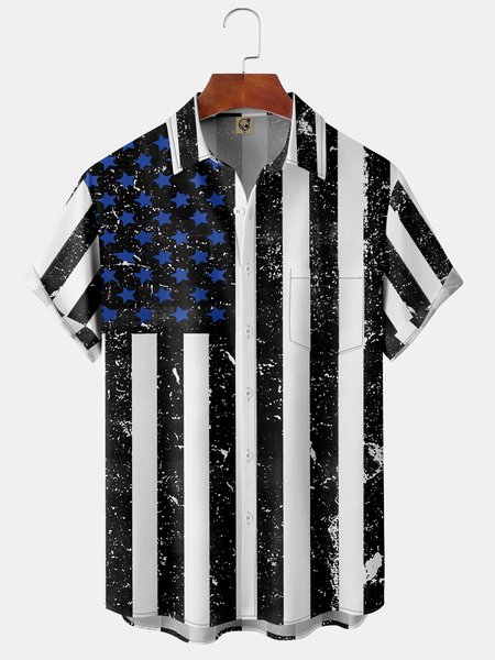 

Men's American Flag Print Fashion Hawaiian Lapel Short Sleeve Shirt, Black, Short Sleeve Shirts