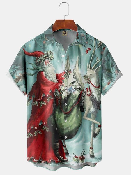 

Men's Christmas Print Casual Breathable Short Sleeve Shirt, Green, Short Sleeve Shirts