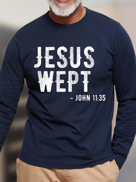 

Men Jesus Wept John Crew Neck Text Letters Casual Top, Dark blue, Long Sleeves
