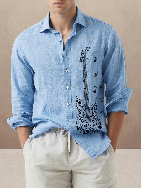 

Cotton Linen Music Print Casual Long Sleeve Shirt, Blue, Long Sleeve Shirts