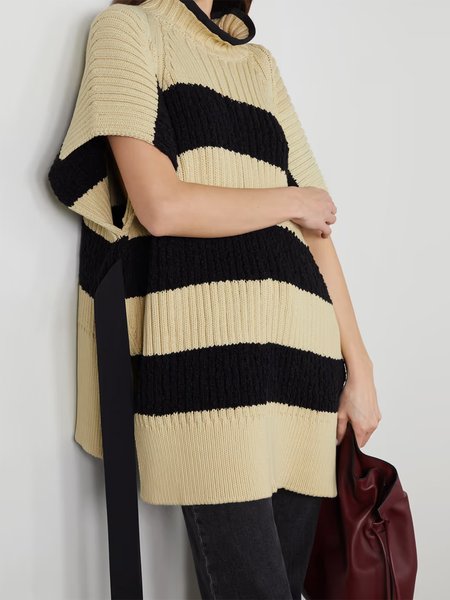 

Striped Simple Short Sleeve Loosen Sweater, Black, Pullovers