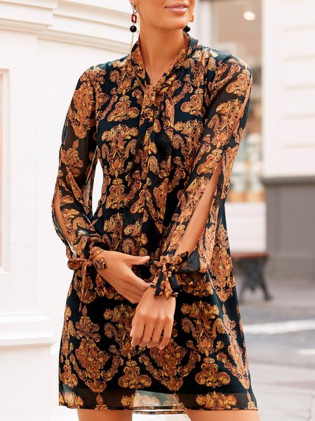 

Bowknot Neck Loose Boho Ethnic Dresses, Black-coffee, Mini Dresses
