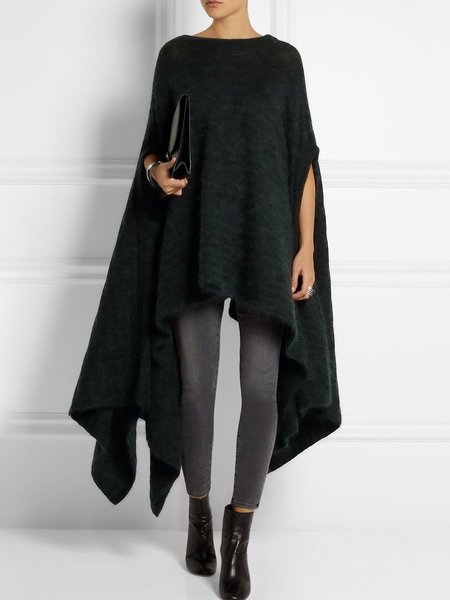

Regular Size Urban Loose Plain Mid-long Sweater, Black, Pullovers