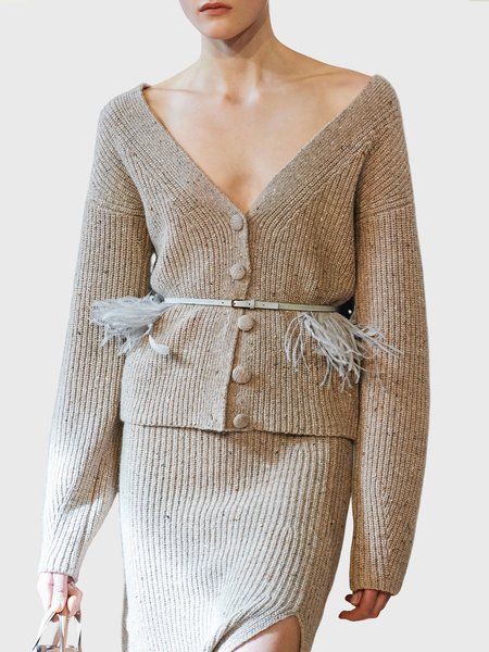 

Urban Buttoned V Neck Plain Sweater Cardigan, Light khaki, Cardigans