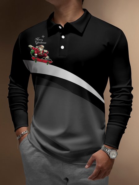 

Casual Festive Collection 3D Gradient Stripes Geometric Color Block Santa Claus Skateboard Pattern Lapel Button Long Sleeve Print Polo Shirt, Black, Polo Shirts