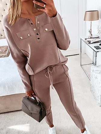 

V Neck Plain Casual Two Piece Sets, Dusty pink, Suit Set