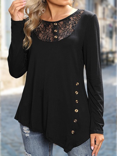 

Round Neck Long Sleeve Button Lace Panel Irregular Hem Top, Black, Tops