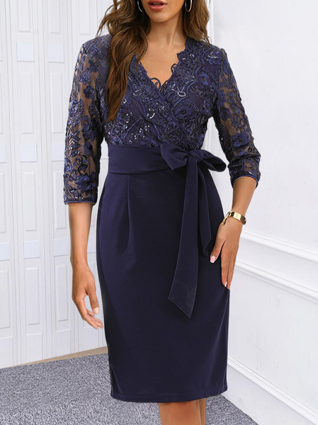 

Floral Urban Lace Patchwork Navy Belted Knee Length Dress, Navy blue, Mini Dresses