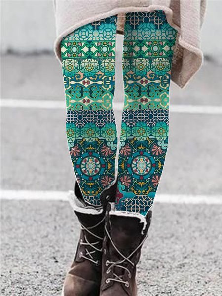 

Folk Mandala magic color Boho Elastic Waist Lggings Pants Plus Size, Green, Leggings