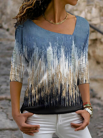 

Cotton-Blend Ombre Casual Tops, Blue, T-Shirts