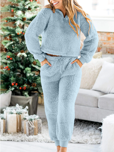

Plain V Neck Casual Household Two Piece Sets, Blue, Suit Set