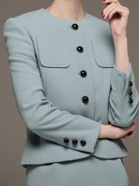 

Crew Neck Buttoned Regular Fit Plain Jacket, As picture, Jackets
