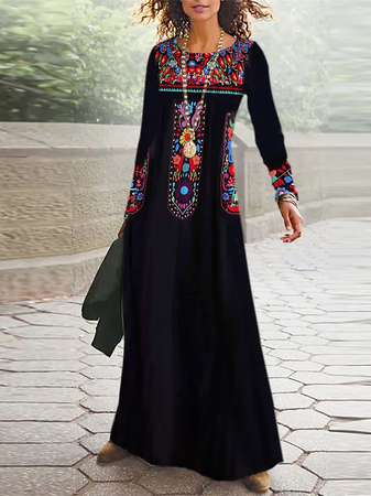 

Ethnic Crew Neck Dress, Black, Maxi Dresses