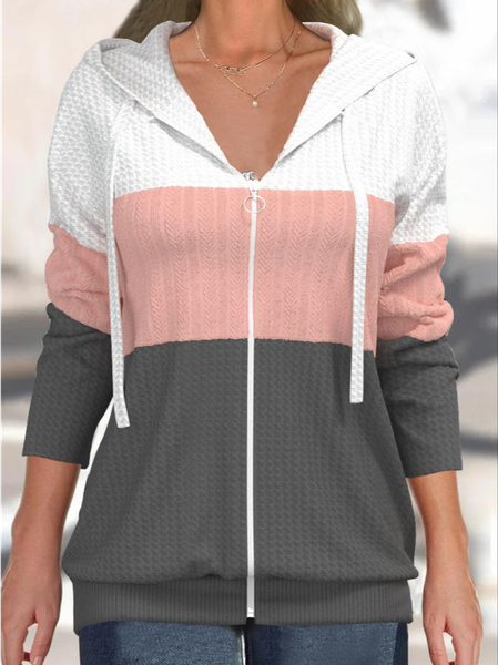 

Casual Contrast Color Pink Long Sleeve Hoodie Jacket, Multicolor, Outerwear