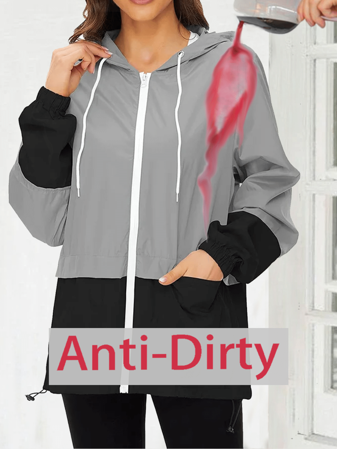 

Waterproof windbreaker color patch hooded zipper Windbreaker trench coat, Black-grey, Jackets