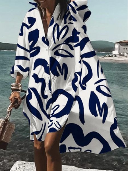 

Daily Abstract Printed Long Sleeve Shirt Dress, Blue, Midi Dresses