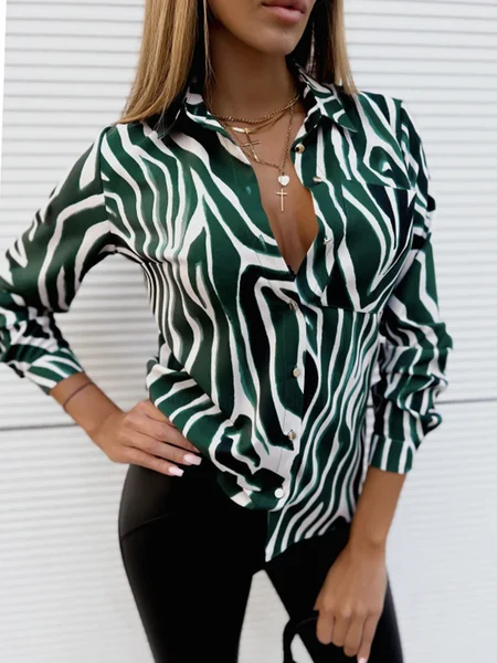 

Urban Long Sleeve Zebra Shirt Collar Blouse, Green, Blouses and Shirts
