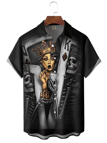 

Mens Funky Poker Print Front Buttons Soft Breathable Lapel Chest Pocket Casual Hawaiian Shirt, Black, Short Sleeve Shirts