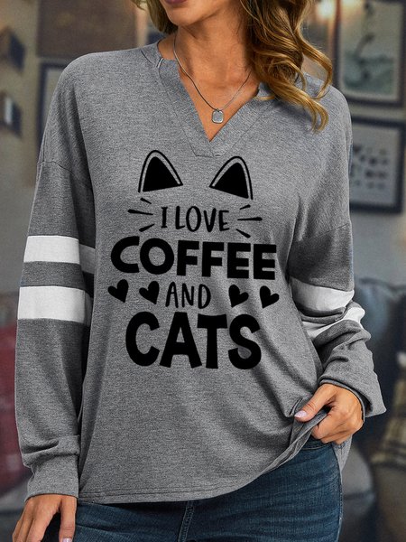 

I Love Coffee And Cats Women's Long Sleeve T-Shirt, Gray, Long sleeves