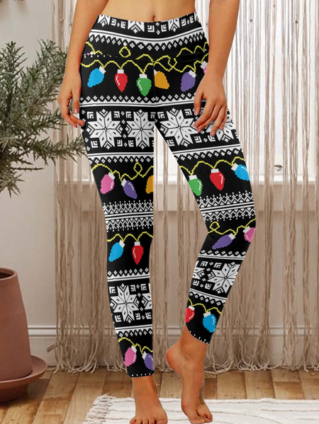 

Women Ethnic Checkered Snowflake Simple Leggings, Black, Leggings