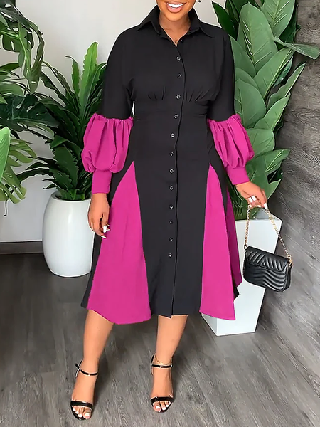 

Regular Fit Shirt Collar Long sleeve Color Block Midi Dresses, Black, Midi Dresses