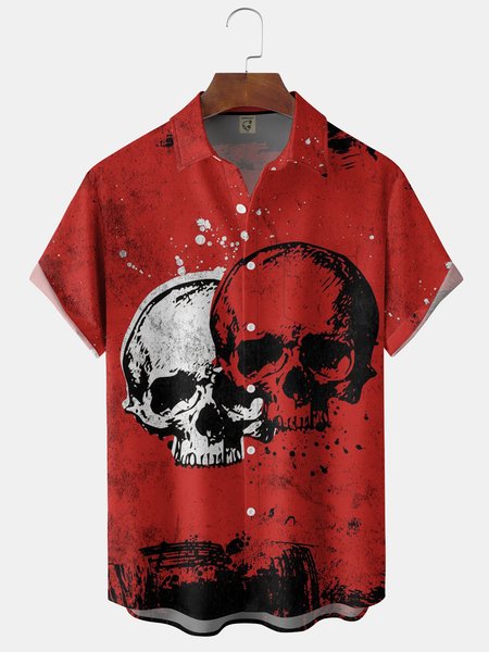 

Mens Funky Punk Skull Print Front Buttons Soft Breathable Lapel Chest Pocket Casual Hawaiian Shirt, Red, Short Sleeve Shirts