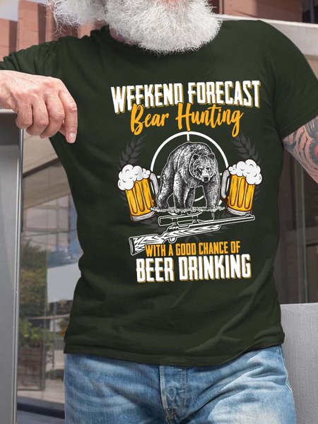 

Men Weekend Forecast Bear Hunting Beer Drinking Cotton Casual T-Shirt, Darkgreen, T-shirts