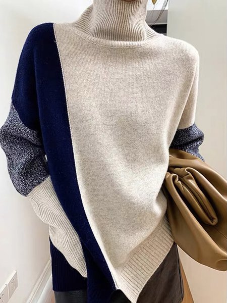 

Turtleneck Loose Urban Color Block Sweater, Multicolor, Pullovers