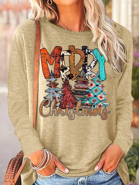 

Womens Christmas Vintage Print Letters Top, Apricot, Long sleeves