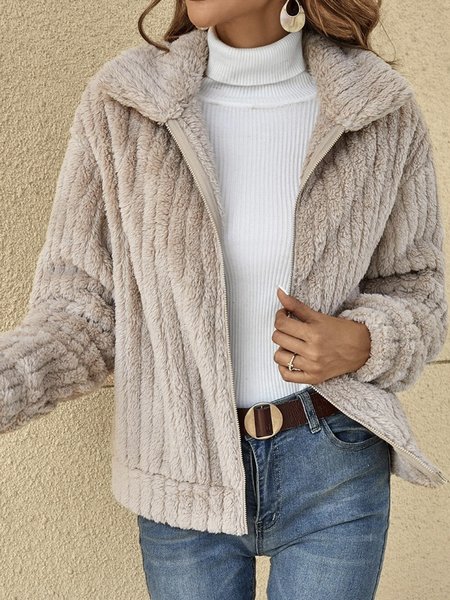 Women Autumn Casual Daily Loose Long Sleeve Plush Teddy Coat, Apricot, Coats