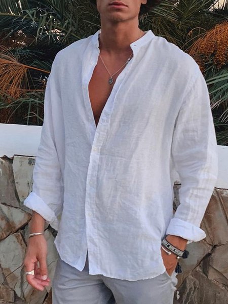 

Men's Cotton Linen Casual Long Sleeve Shirt, White, Long Sleeve Shirts