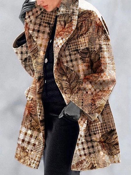 

Women Winter Commute Printed Woolen Coat, Khaki, Outerwear